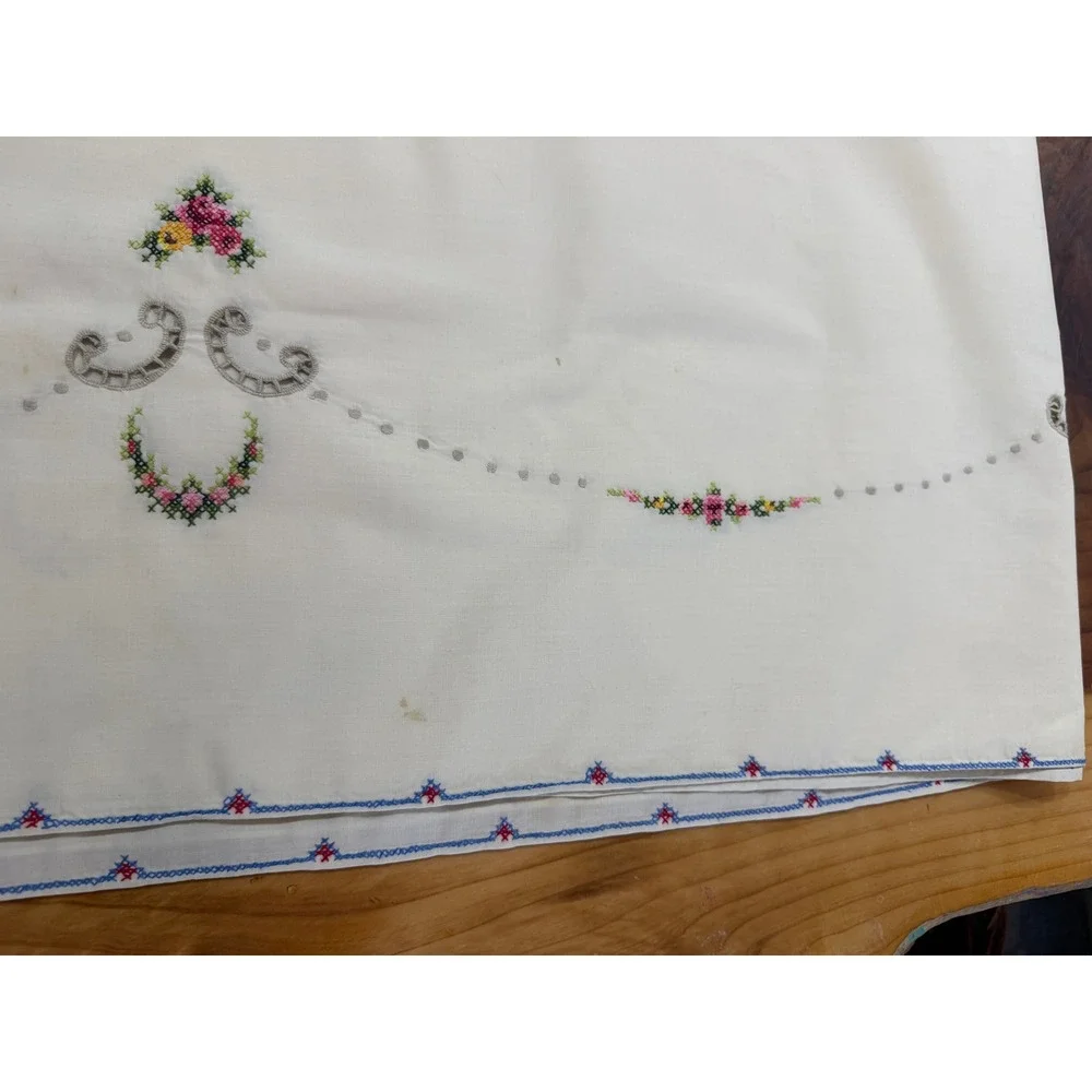 Vintage Hand Embroidered Cross Stitch Tablecloth Cotton Floral Crochet lace BB14